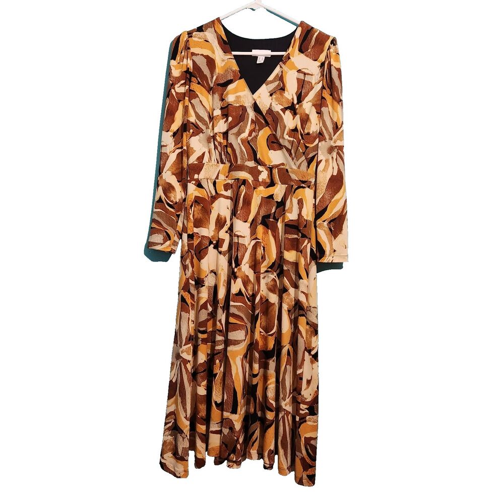 Susan Graver Women XS Tan Printed V Neck Long Sleeve Liquid Knit Wrap Dress
